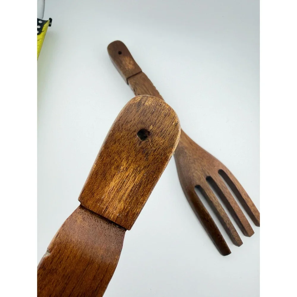 Vintage Hand Carved Wooden Tiki Salad Servers 12 Inch Wood Fork Spoon Set MCM